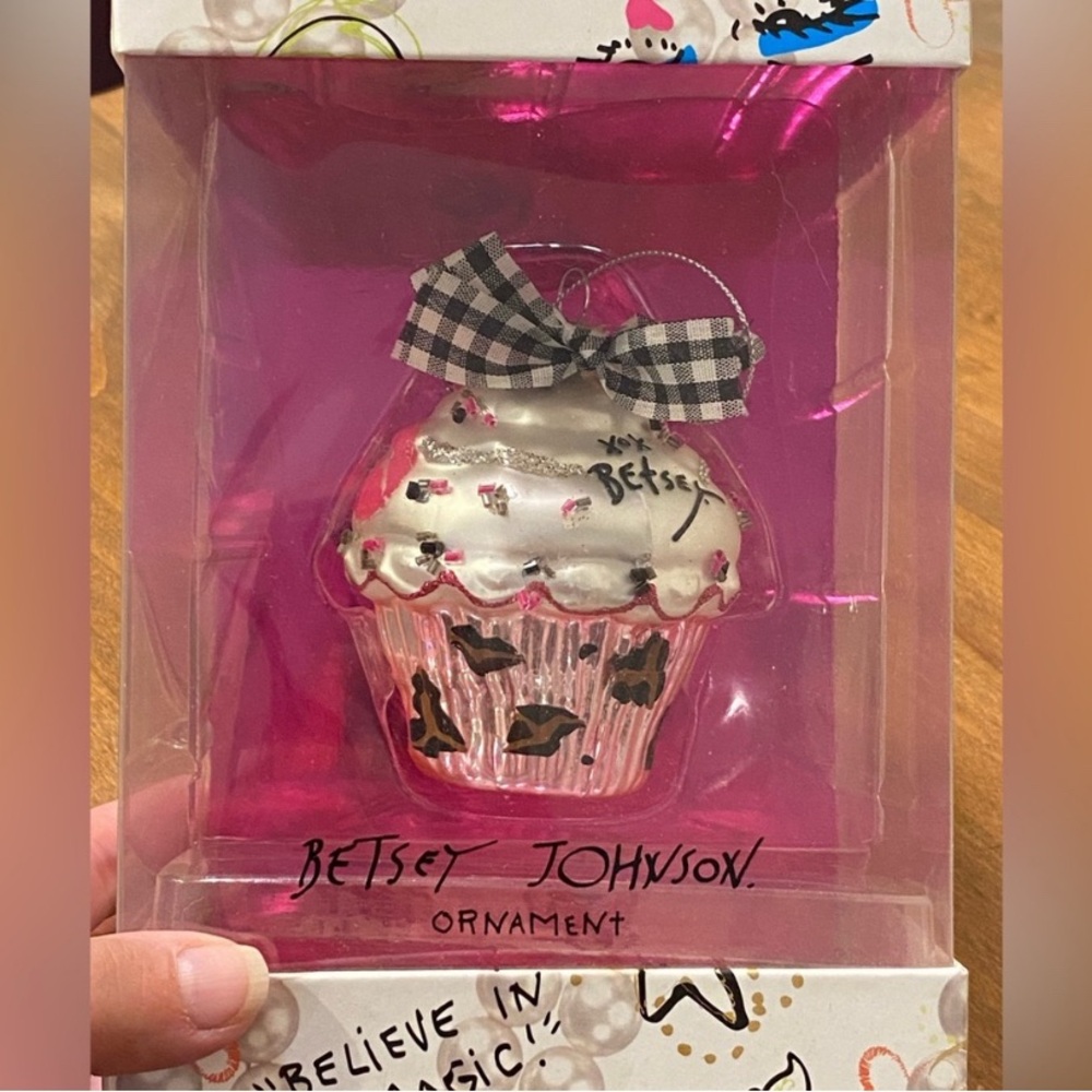 Betsey Johnson Pink Cupcake Ornament with Checkered Bow